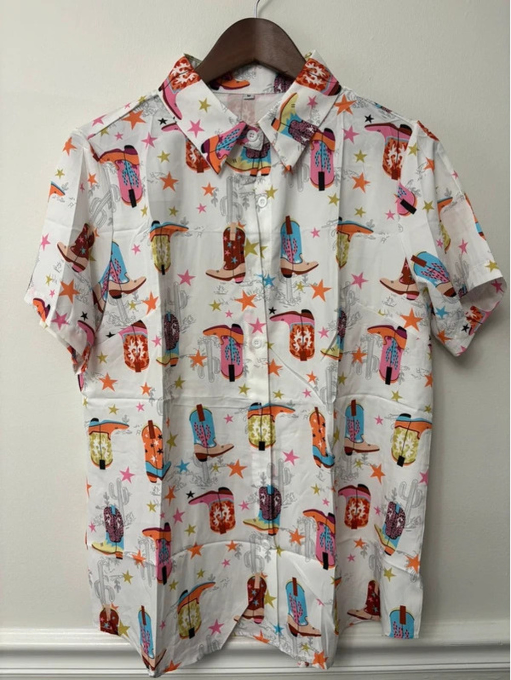 Colorful Cowboy Boot Cactus Star Print Button-Up Shirt Western Rodeo Size M